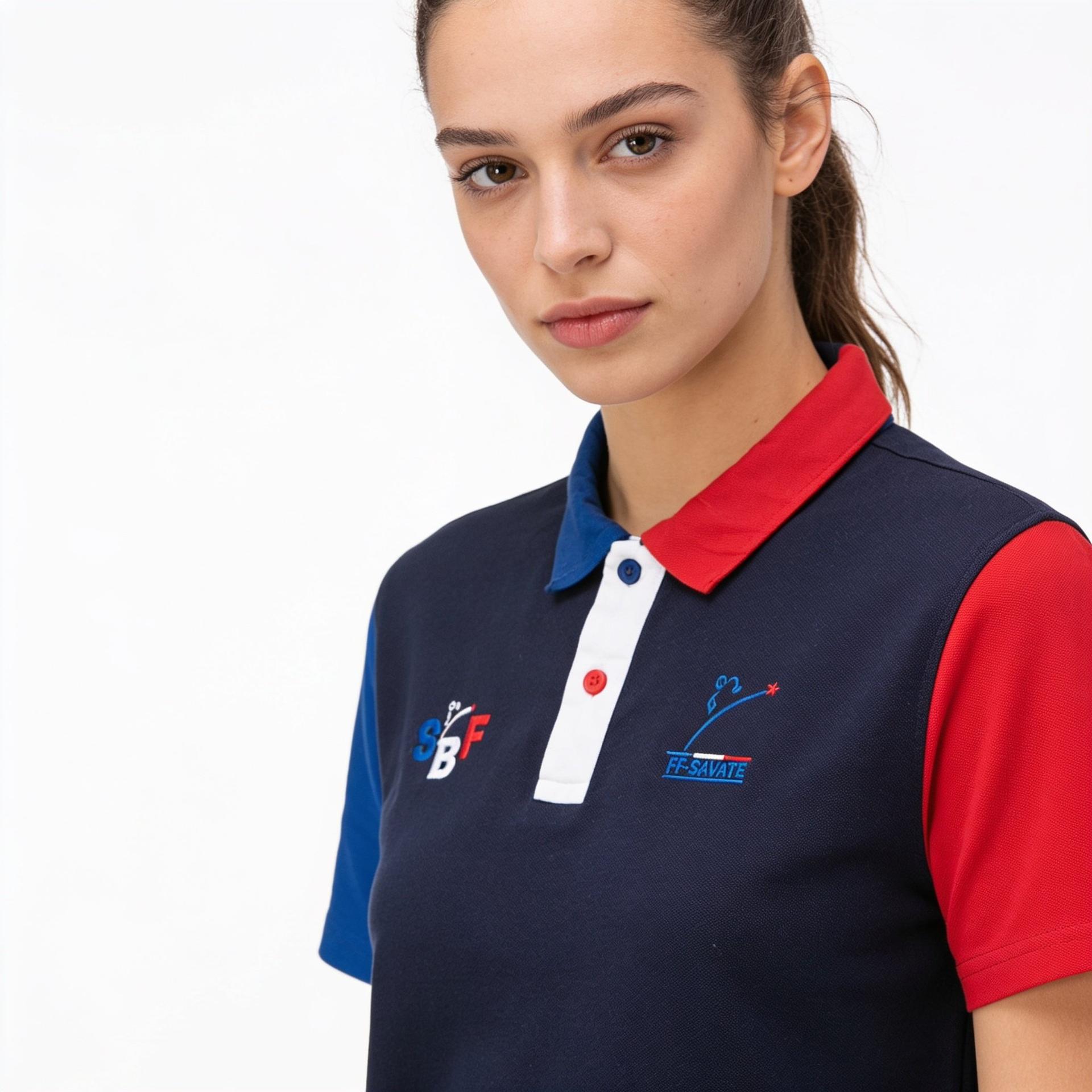 Polo Piqué Coton SBF Bleu — Femme porté, devant